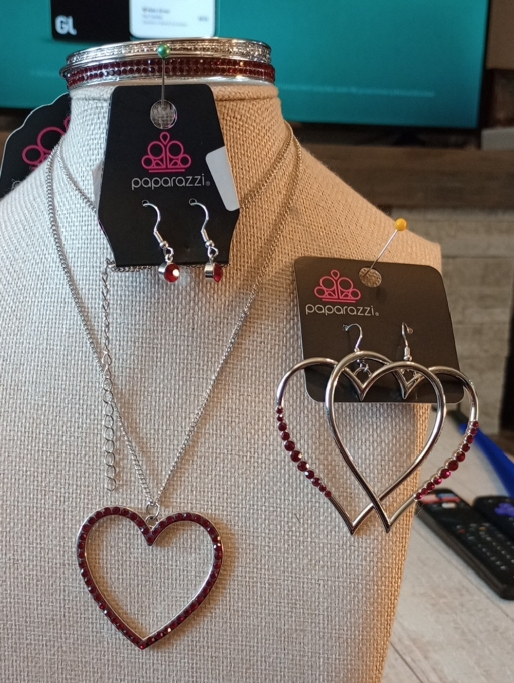 paparazzi Silver-Tone Red Crystal Heart Necklace Bracelet & Heart Earrings Set